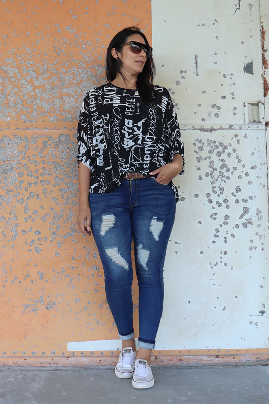 PRE-ORDER** Black/White Word Draped Top - Vogue Collection