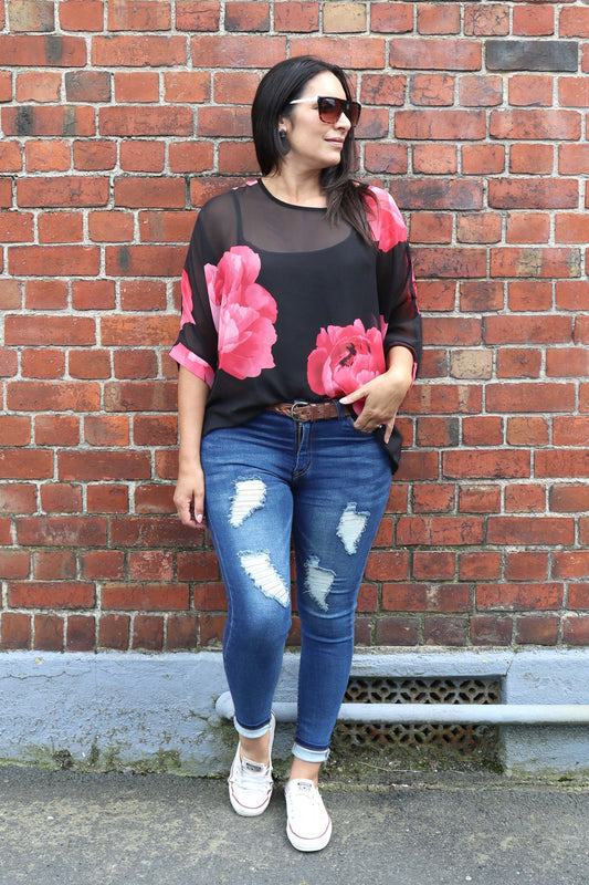 Contrast Red Floral Draped Top - Floral Collection