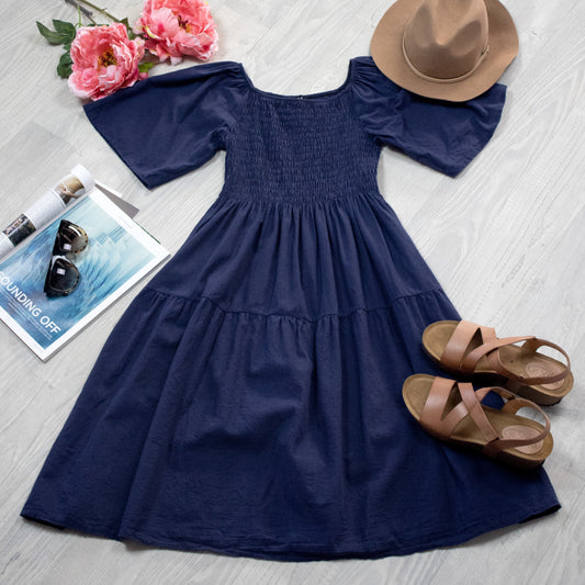 Plain Shirred Bust Louisa Dress - Navy