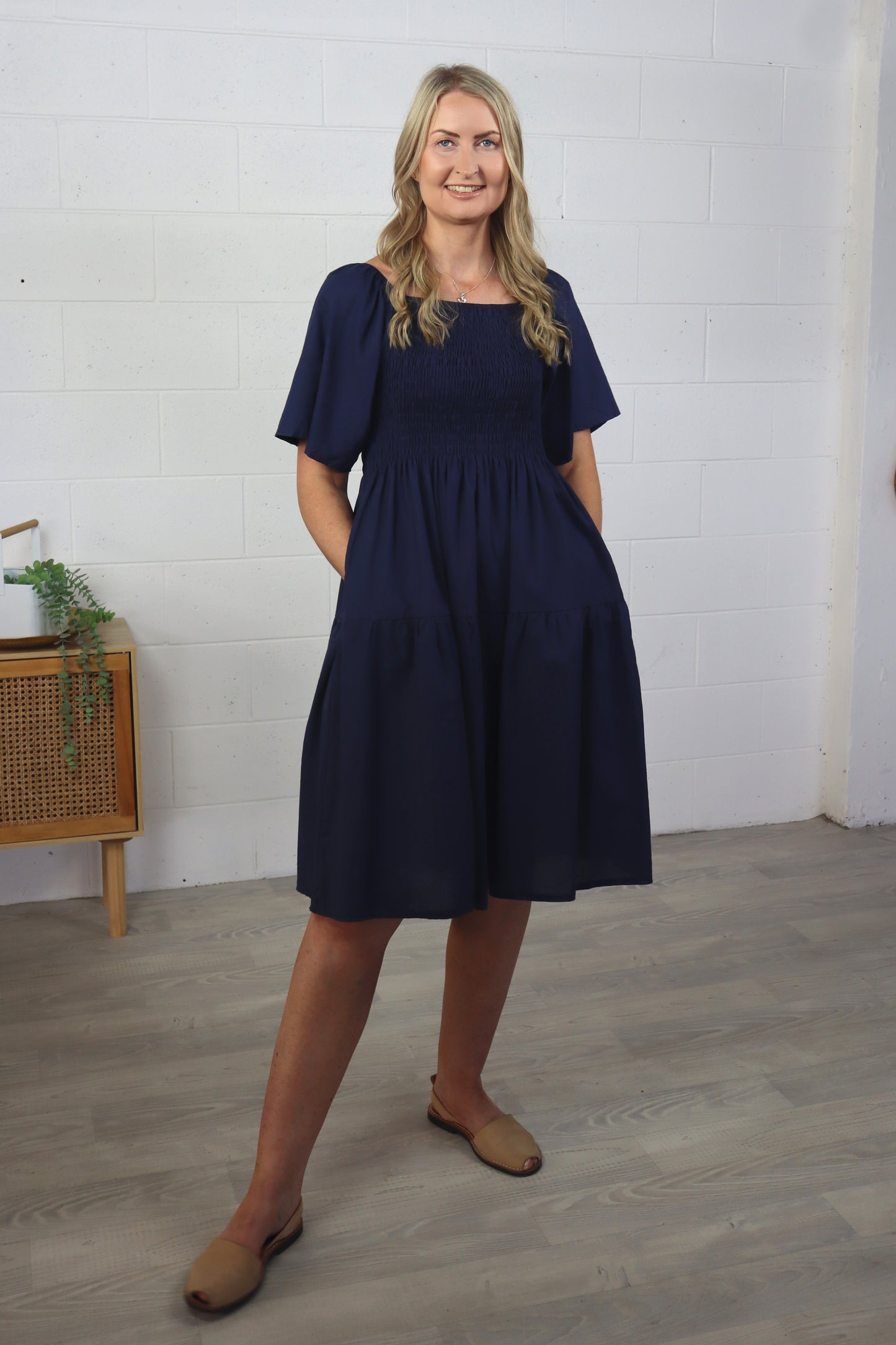 Plain Shirred Bust Louisa Dress - Navy