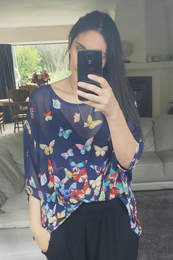 Navy Butterflies Draped Top - Wild Collection