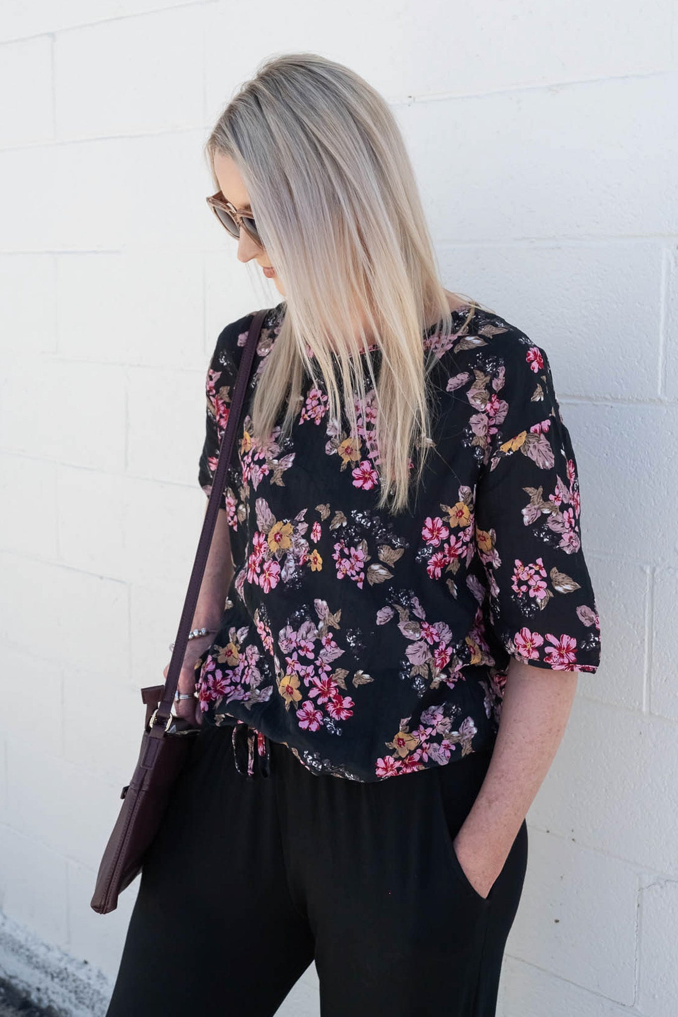 Short Sleeve Verity Tie Top - Black/Pink Floral