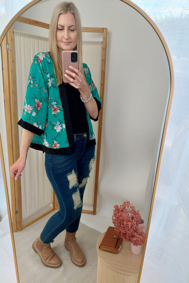 Shorter Luna Kimono - Emerald Floral