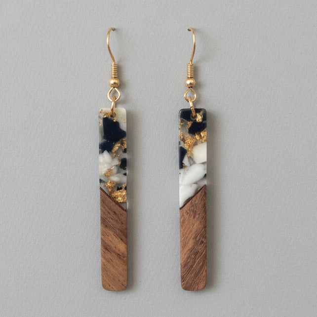 B/W Gold Flake Glam - Wood & Resin Earrings