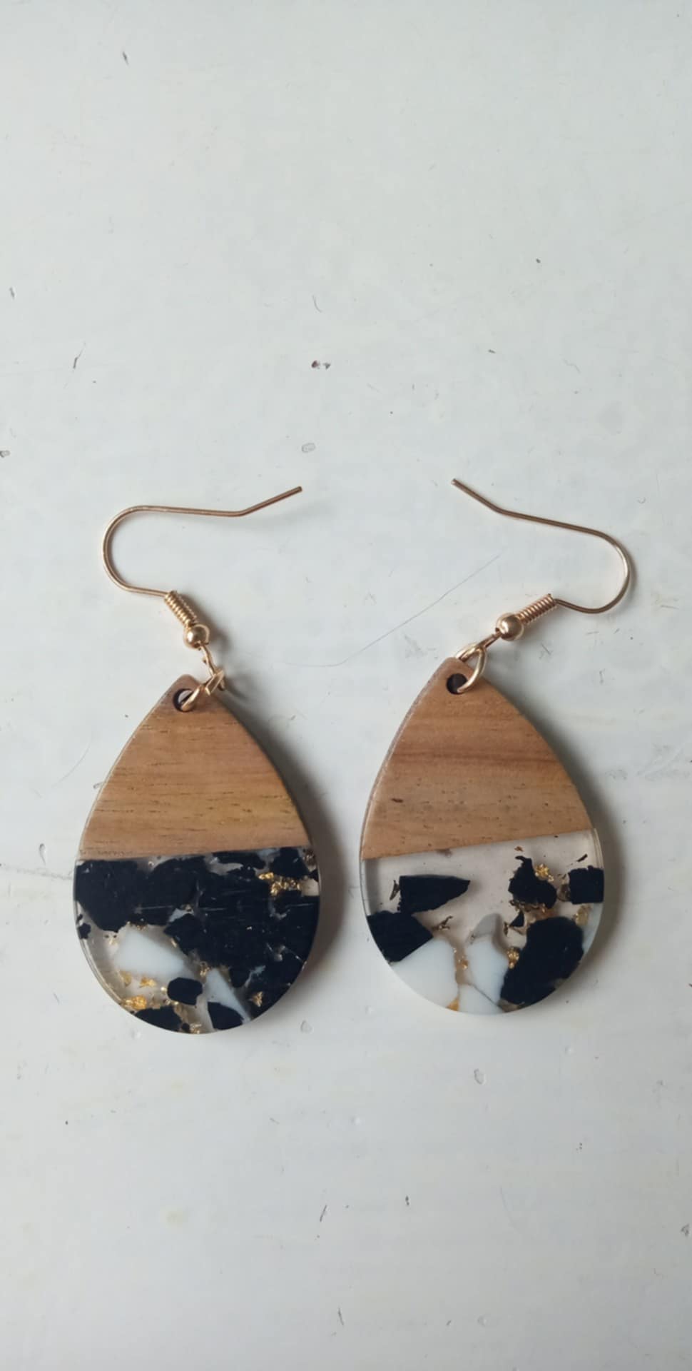 B/W Gold Flake - Teardrop Wood & Resin Earrings