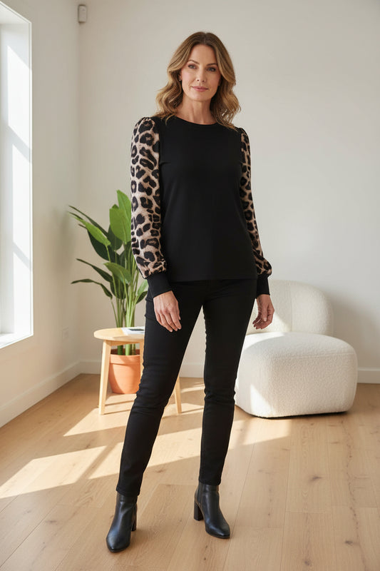 Floaty Animal Print Sleeve Top - Black
