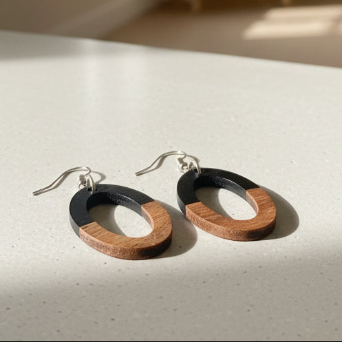 Small Black/Wood Oval Hoop earrings