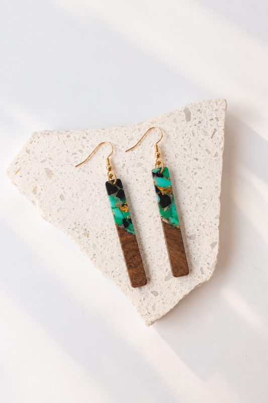 Aqua Gold Flake Glam - Wood & Resin Earrings