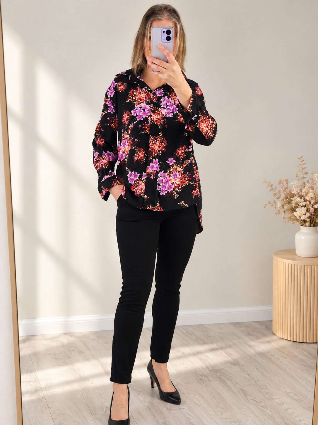 Belle Open Back Silky Shirt - Oriental Blossom