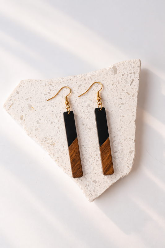 Black - Rectangular Wood & Resin Earrings