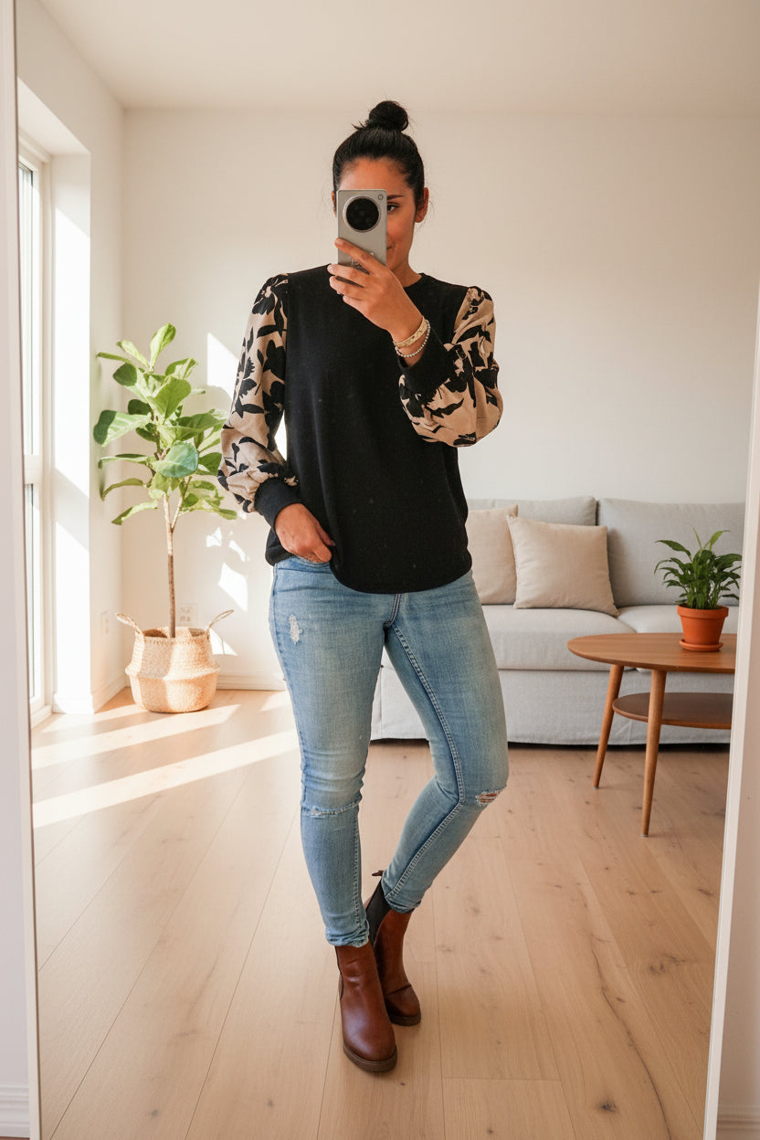 Black Floral Sleeve Top - Sand