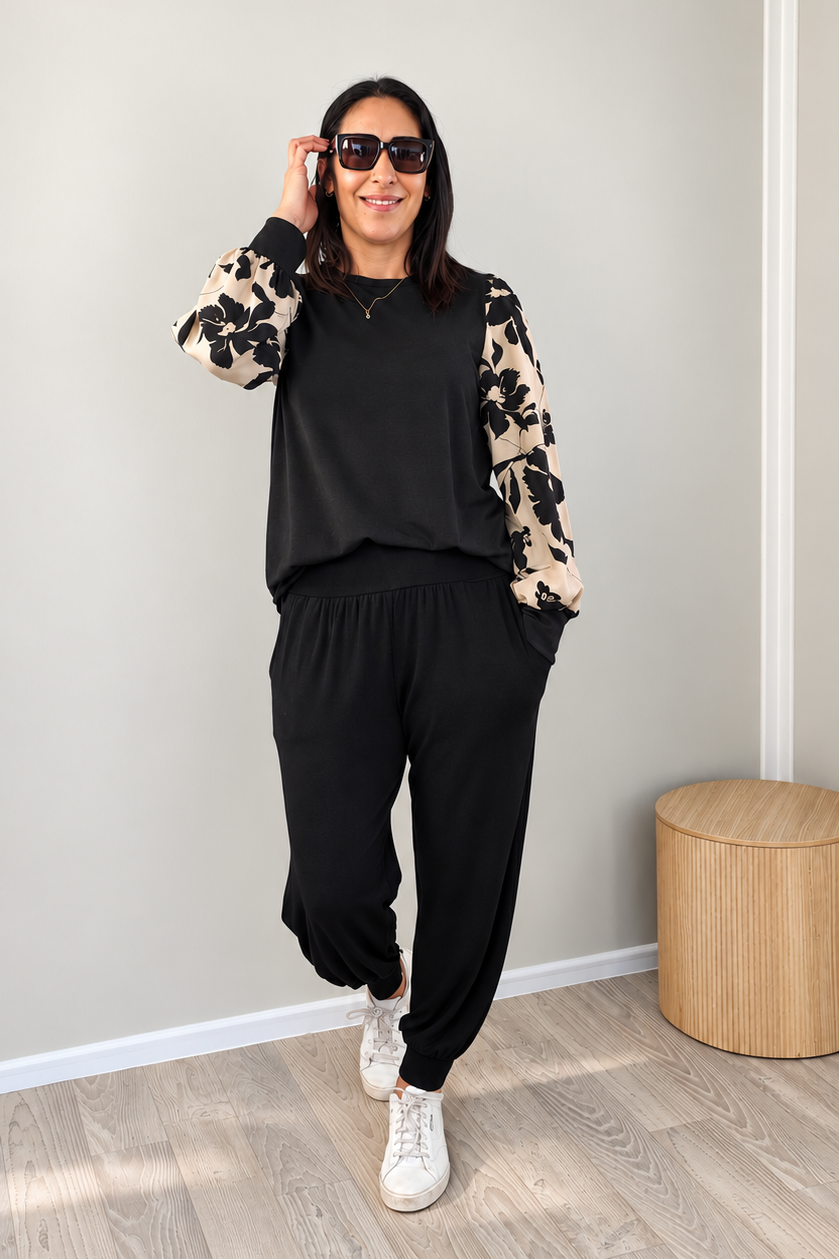 Black Floral Sleeve Top - Sand