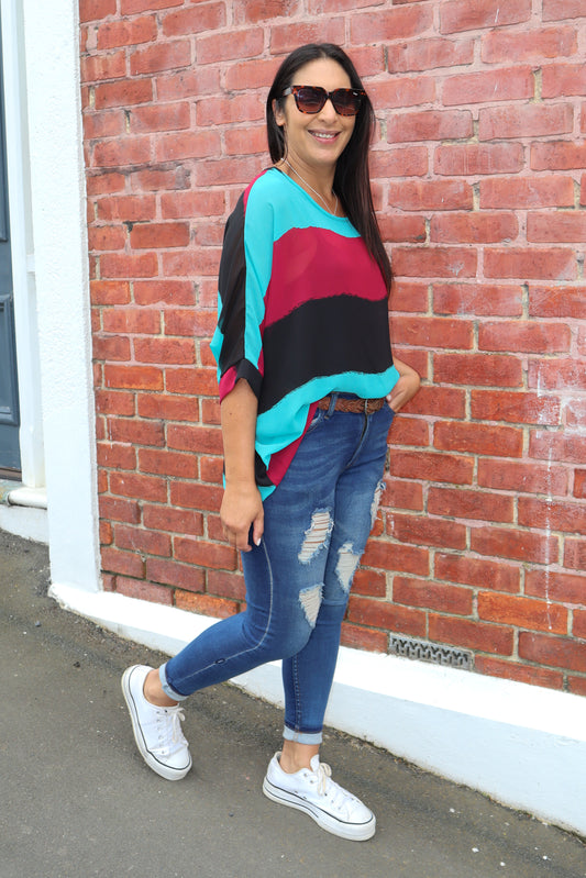 Bright Teal & Maroon Stripe Draped Top - Vogue Collection