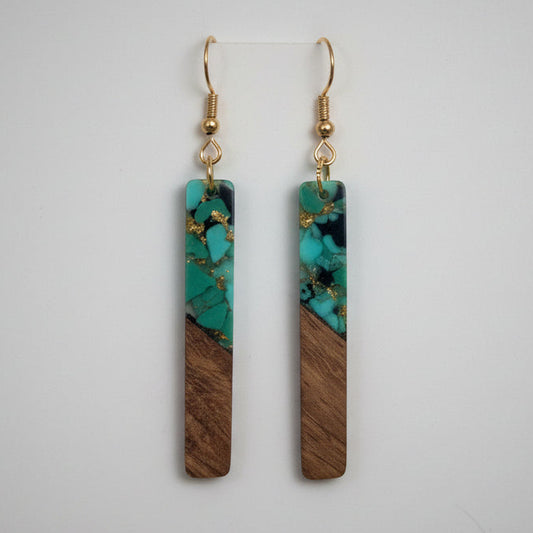 Aqua Gold Flake Glam - Wood & Resin Earrings