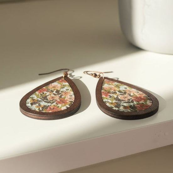 Floral Art Teardrop Wooden Earrings