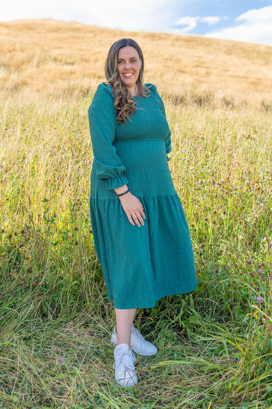 Emerald - Textured Long Sleeve Shirred Eleanor Dress