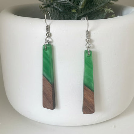 Green - Rectangular Wood & Resin Earrings