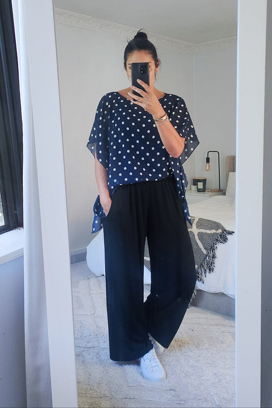 Floaty Chiffon Top - Navy/ White Dot