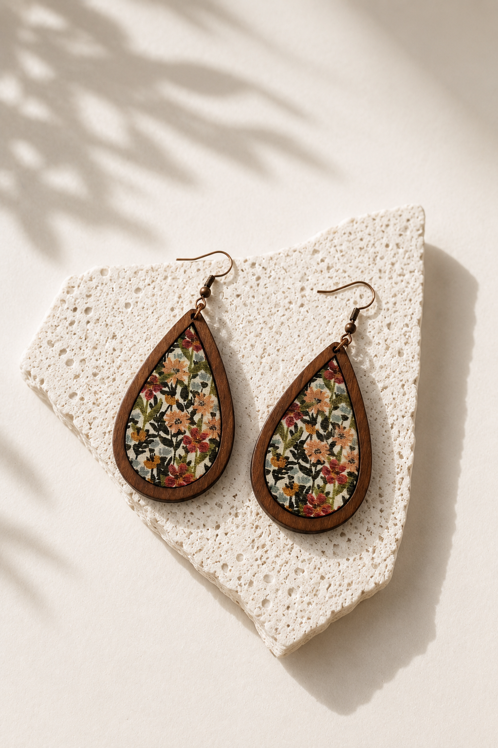 Floral Art Teardrop Wooden Earrings
