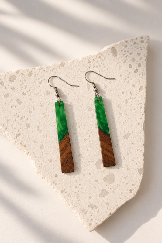 Green - Rectangular Wood & Resin Earrings