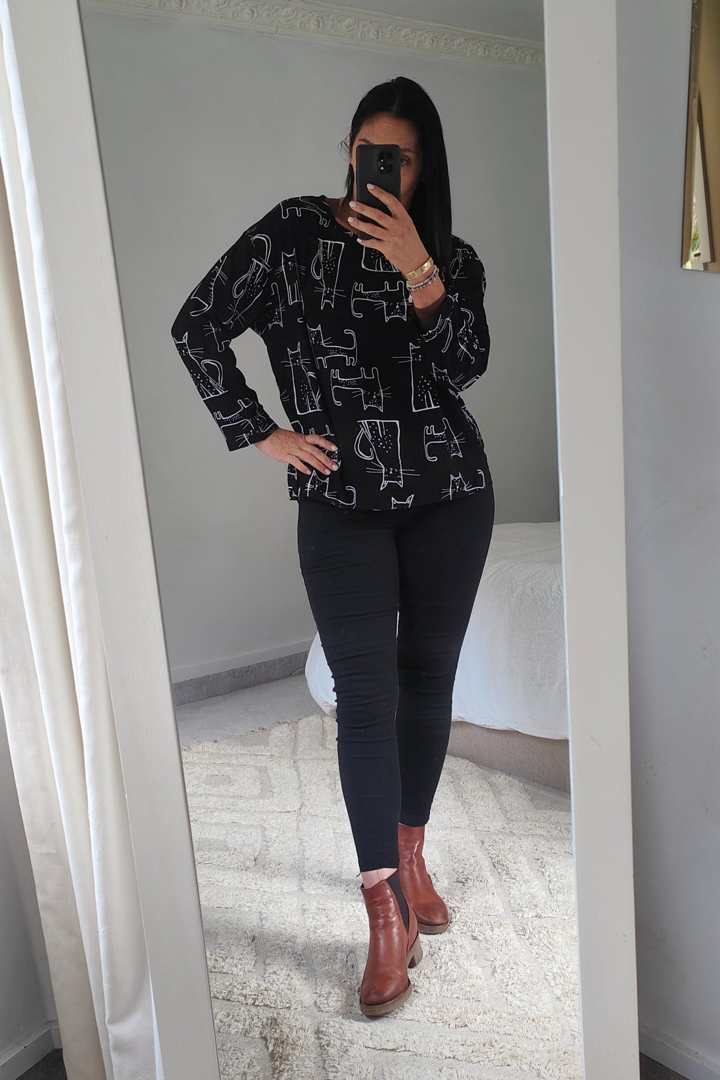 Funky Cat Print Top - Black