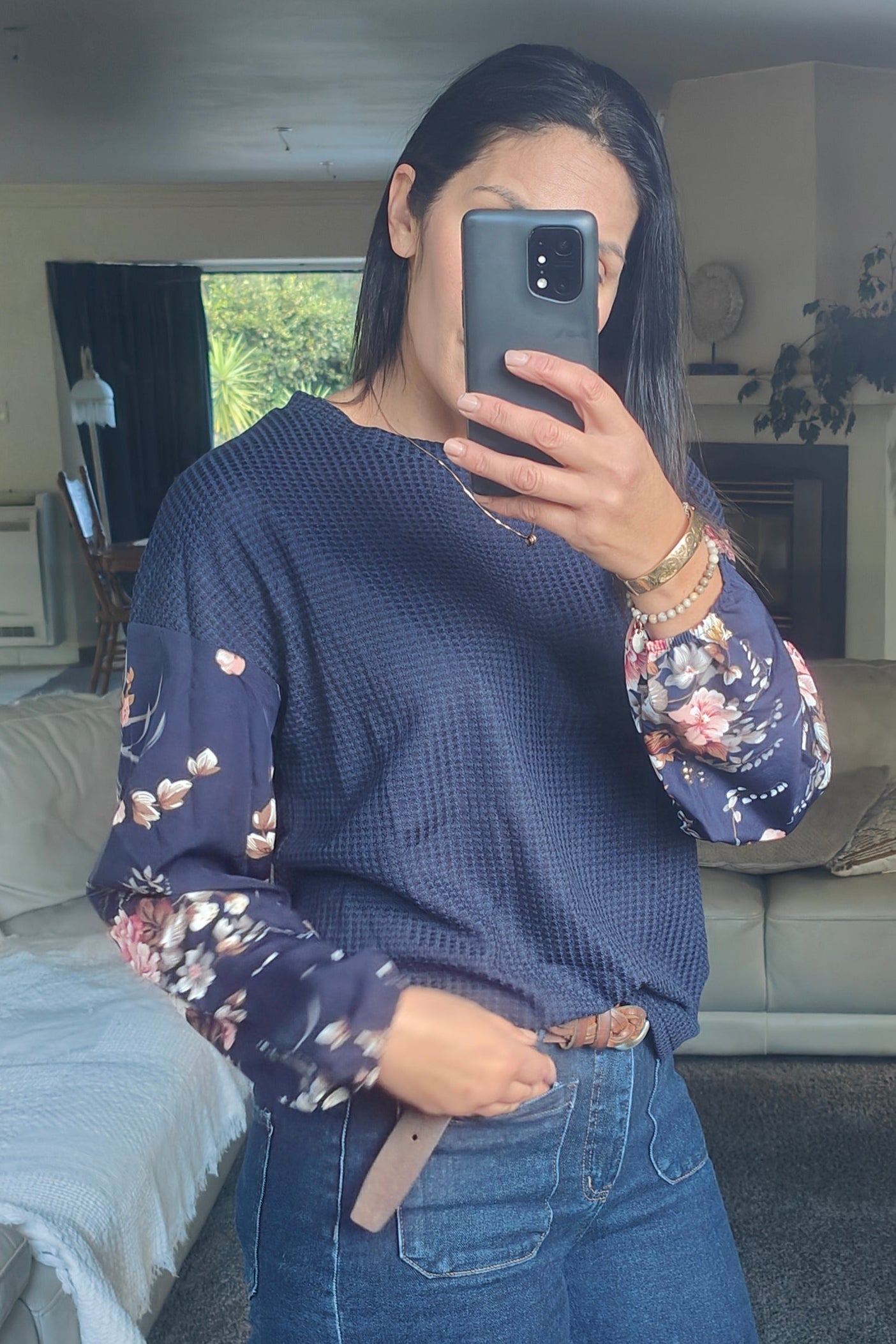 Navy Silky Floral Sleeve Amie Top