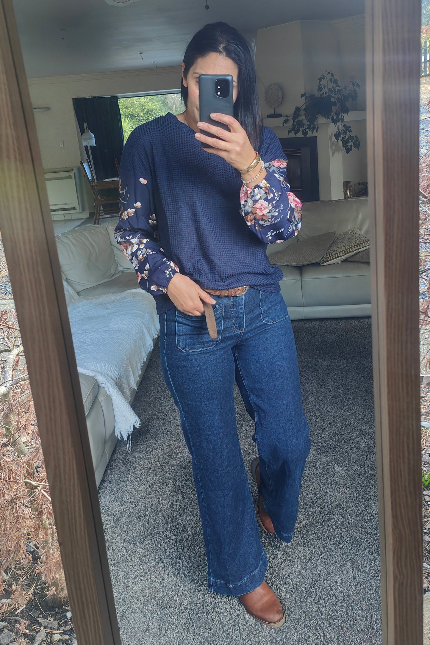 Navy Silky Floral Sleeve Amie Top
