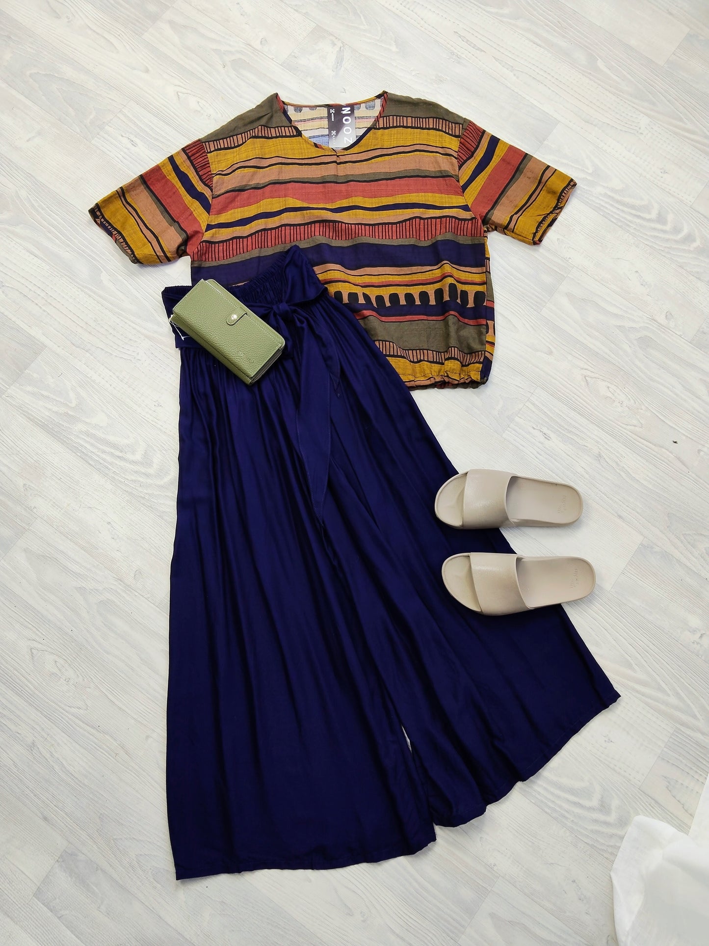 Short Sleeve Verity Tie Top - Autumn Horizontal Stripe