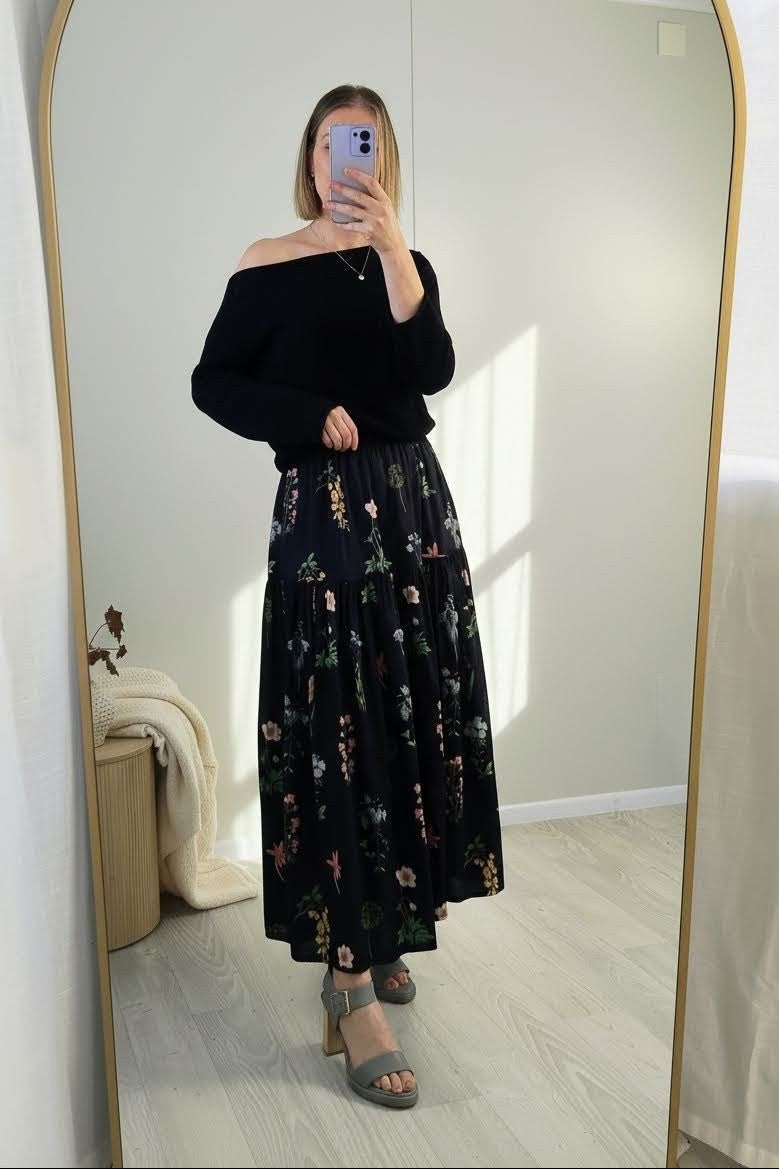 Tiered Victoria Maxi Skirt - Black Botanical
