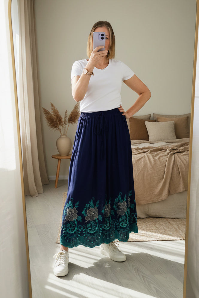 Margot Embroidered Skirt - Navy
