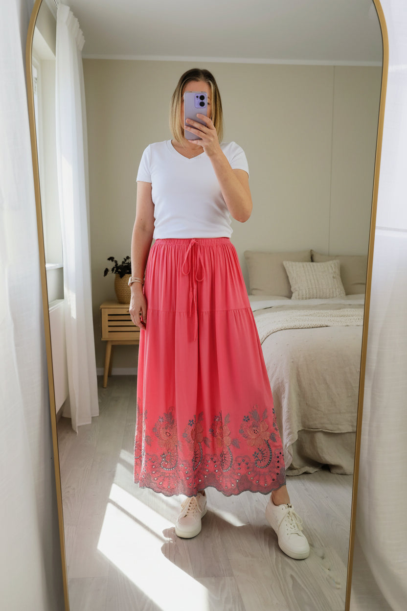 Margot Embroidered Skirt - Coral
