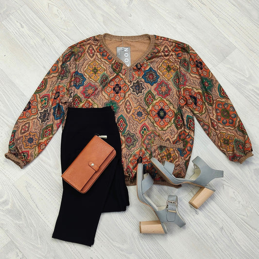 Lila Button Jersey - Tan & Rust