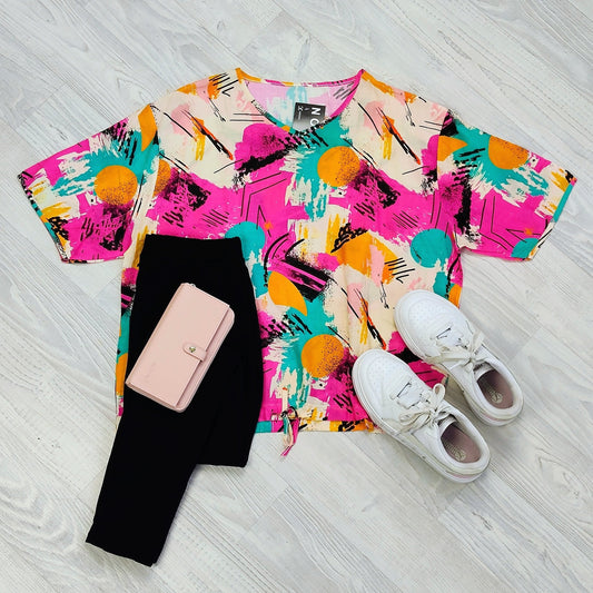 Short Sleeve Verity Tie Top -Bright Grafitti