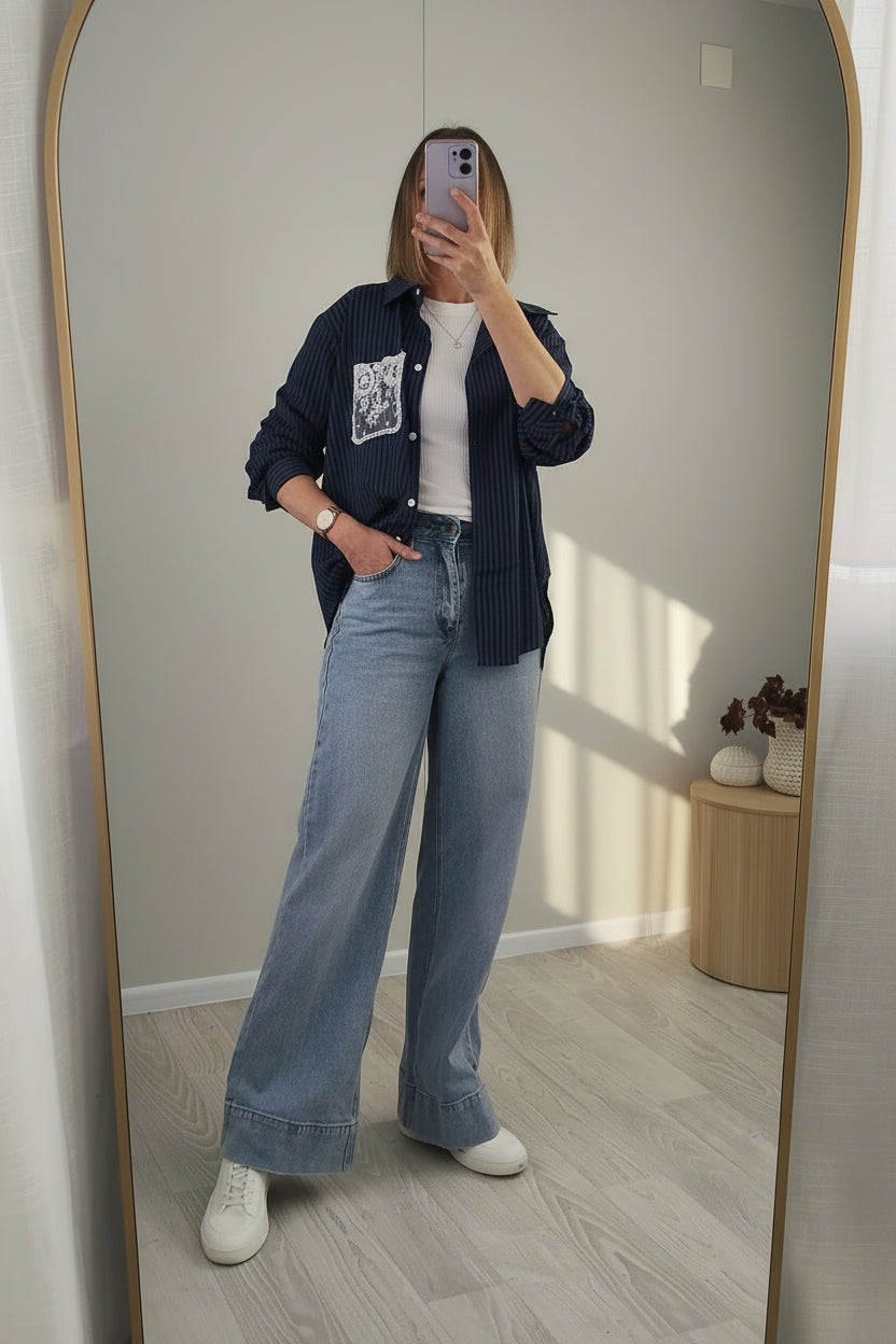 Dark Blue - Lace Pocket Mirabel Pinstripe Shirt