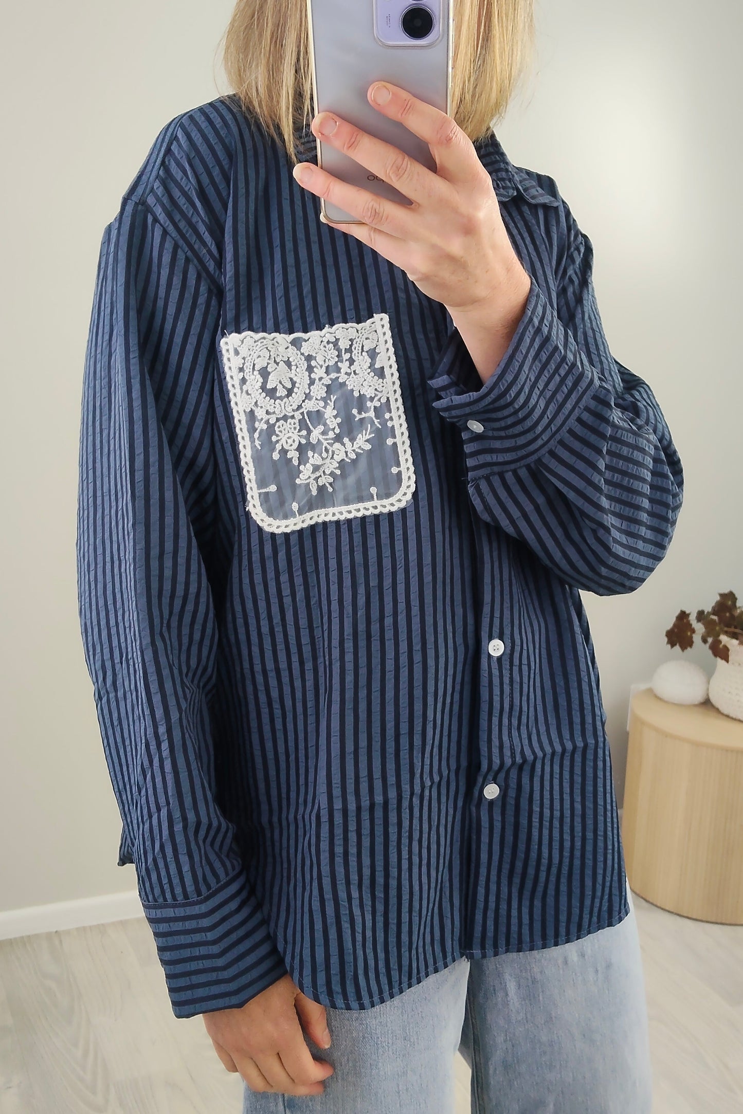 Dark Blue - Lace Pocket Mirabel Pinstripe Shirt