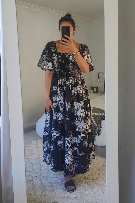 Shirred Bust Soph Maxi - Black & White Floral