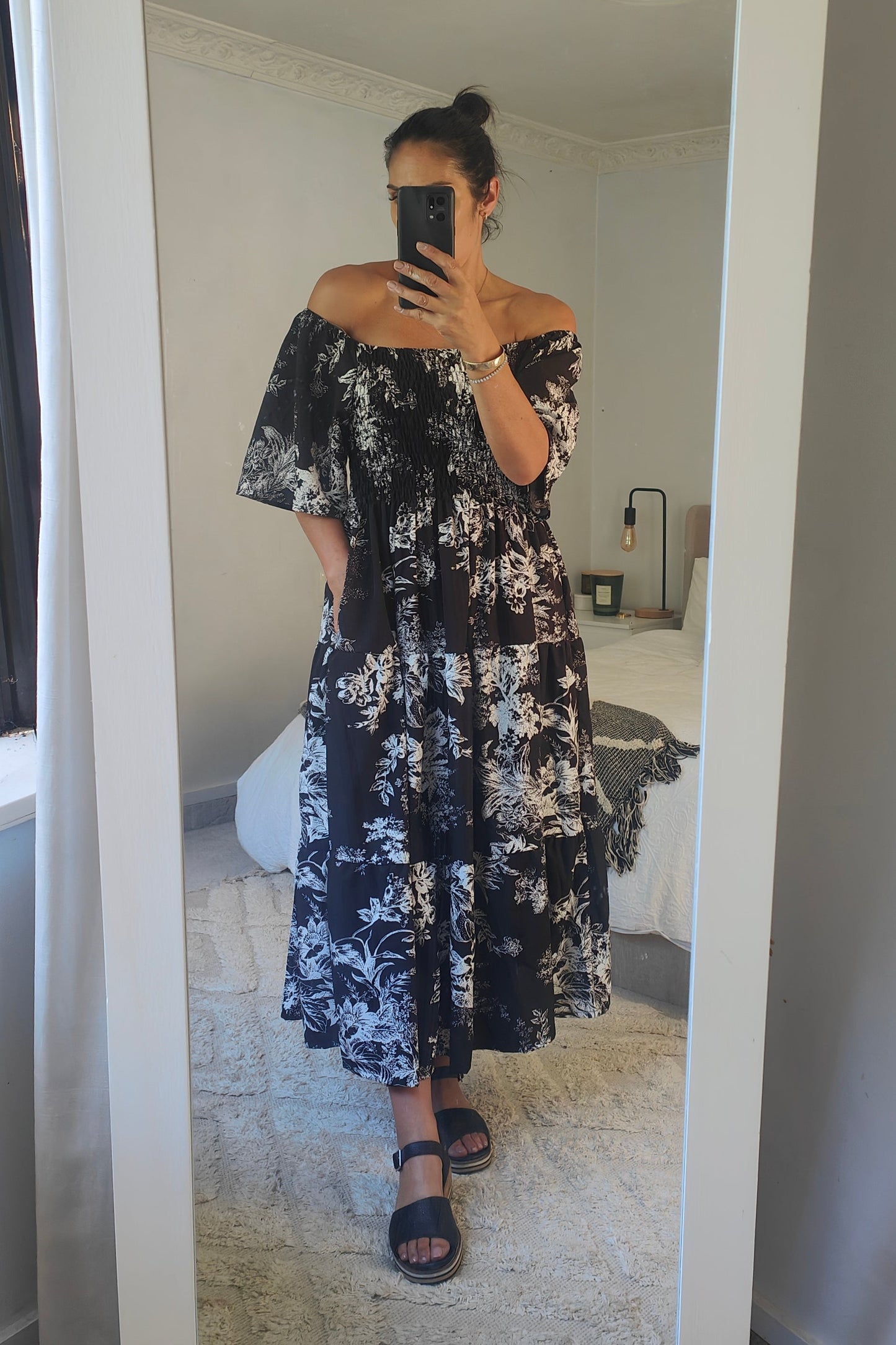 Shirred Bust Soph Maxi - Black & White Floral