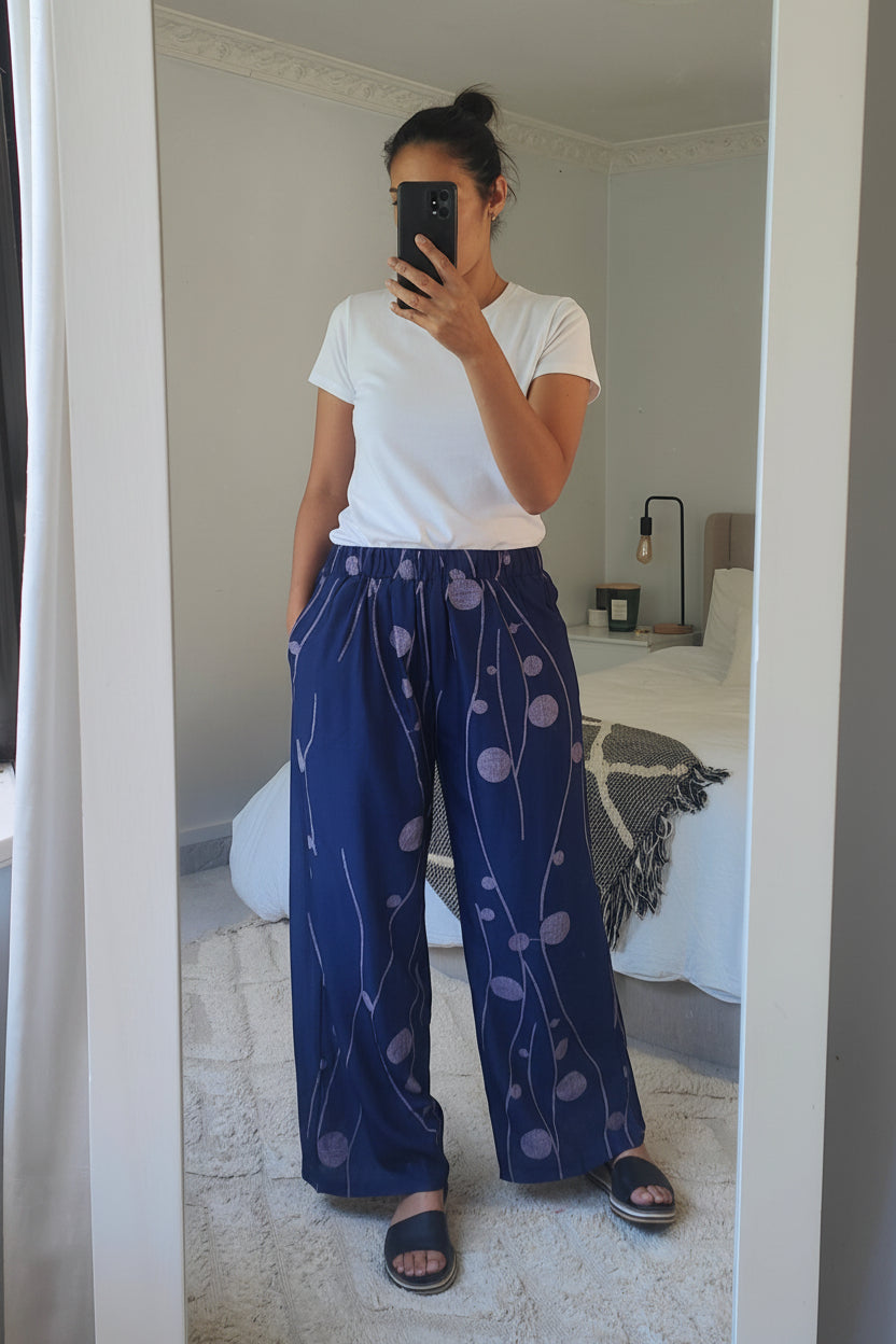 Navy & Pink Foliage - Straight Leg Pants