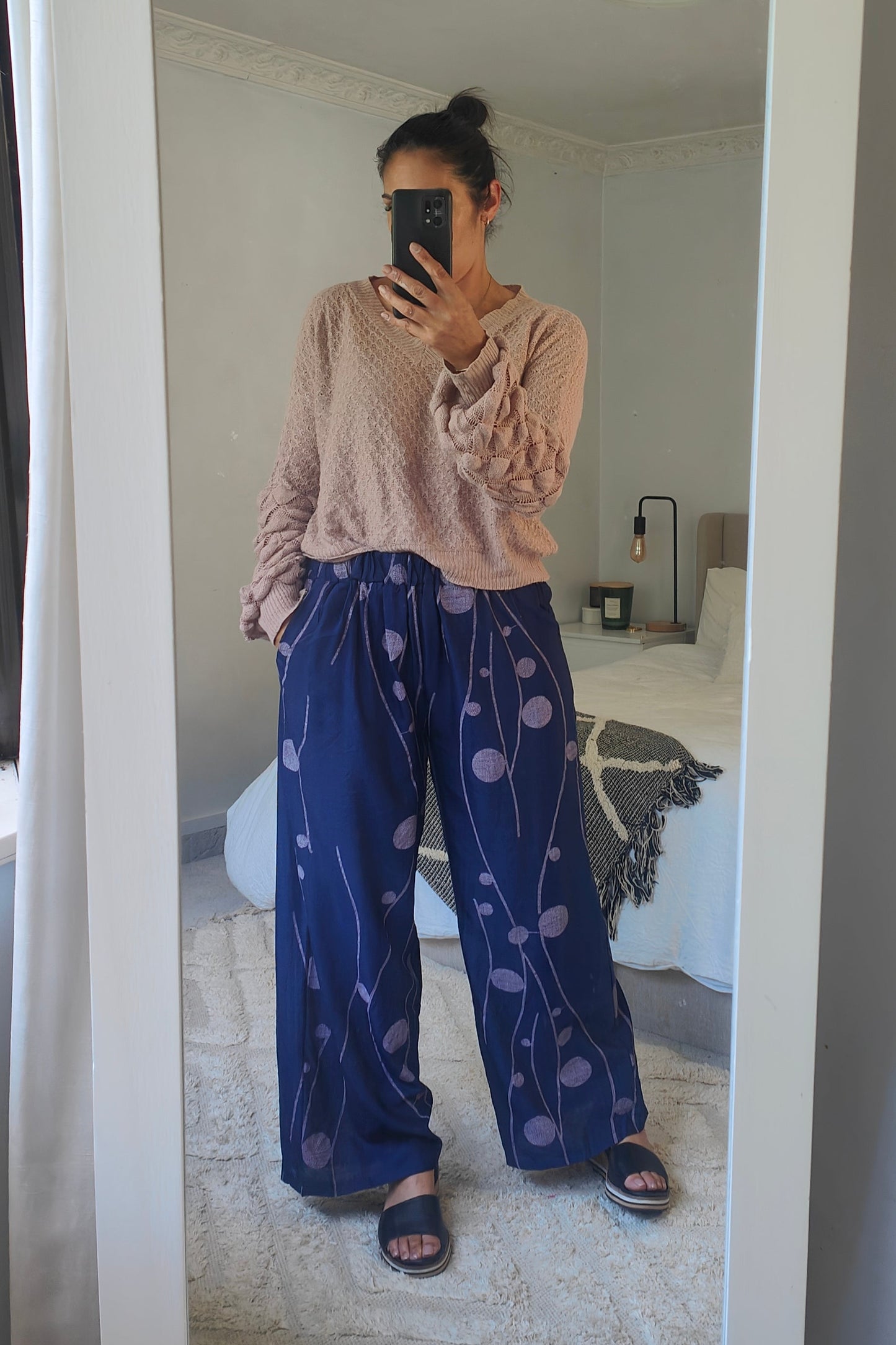 Navy & Pink Foliage - Straight Leg Pants