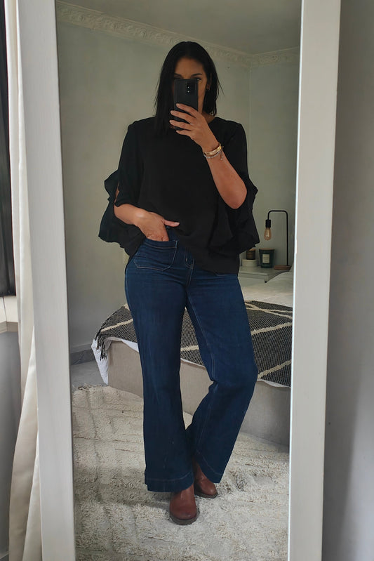 3/4 Ruffle Sleeve Chelsea Top - Black