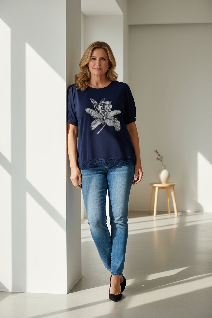Graphic Lily Top - Navy