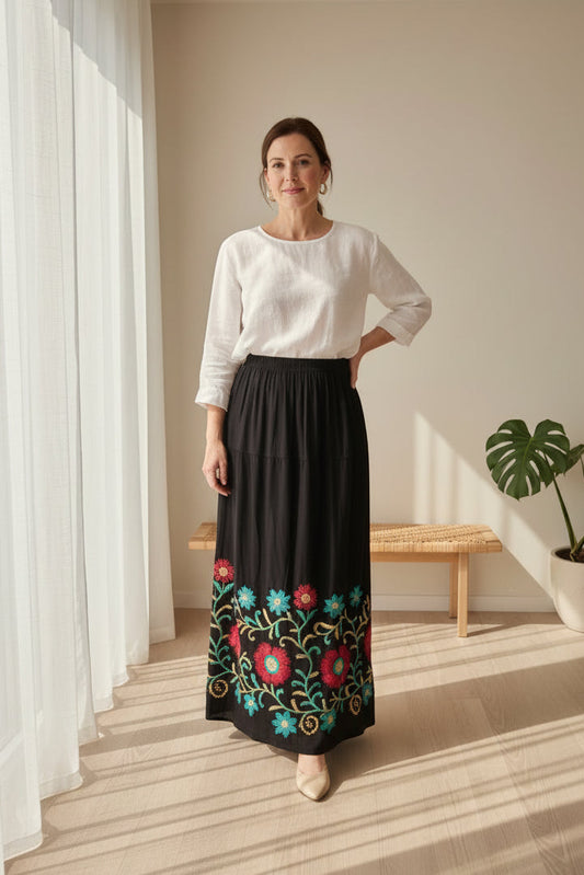 Maggie Embroidered Skirt - Black Vine