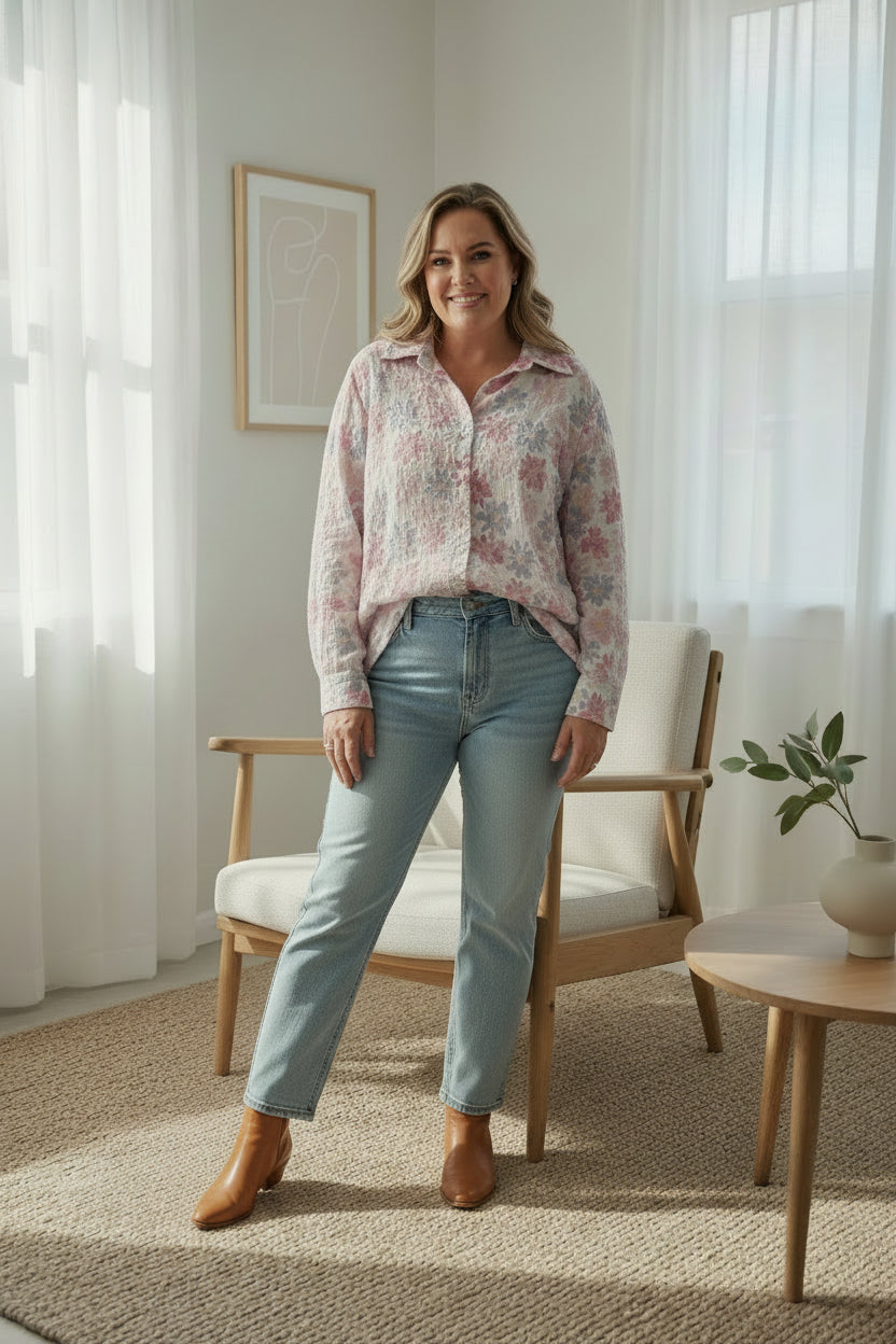 Floral Embossed Fern Shirt - Pinks