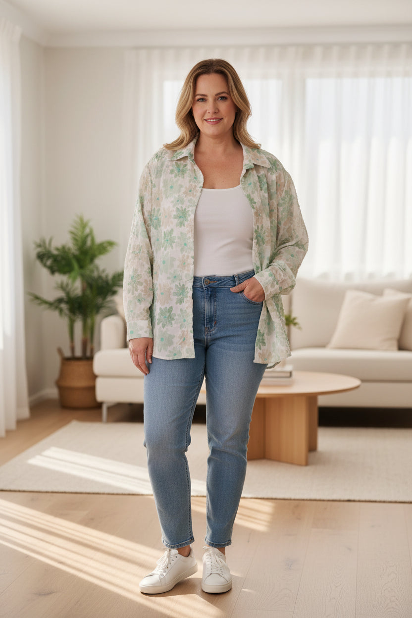 Floral Embossed Fern Shirt - Greens