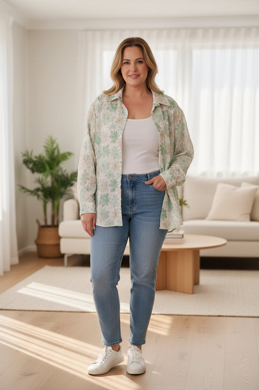 Floral Embossed Fern Shirt - Greens