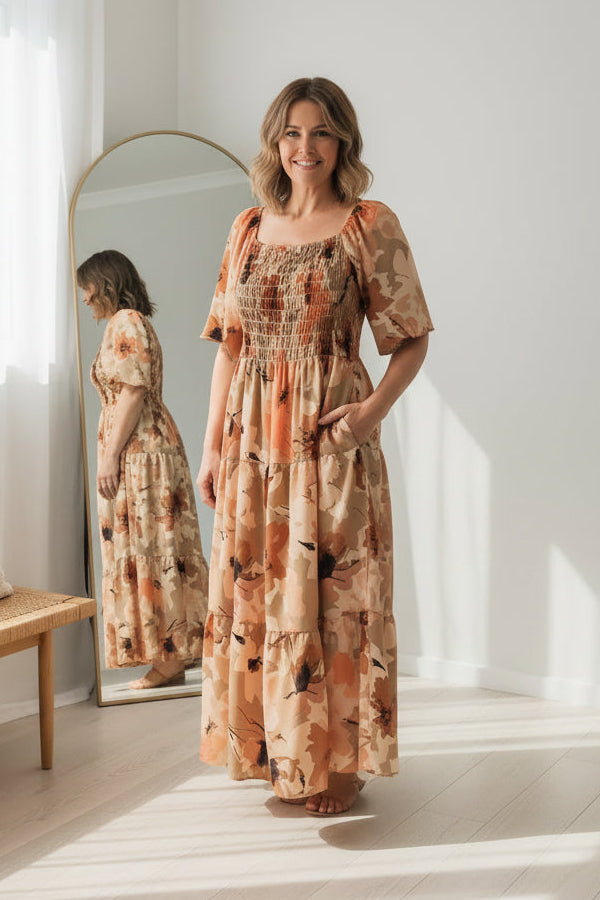 Shirred Bust Soph Maxi - Peach Floral