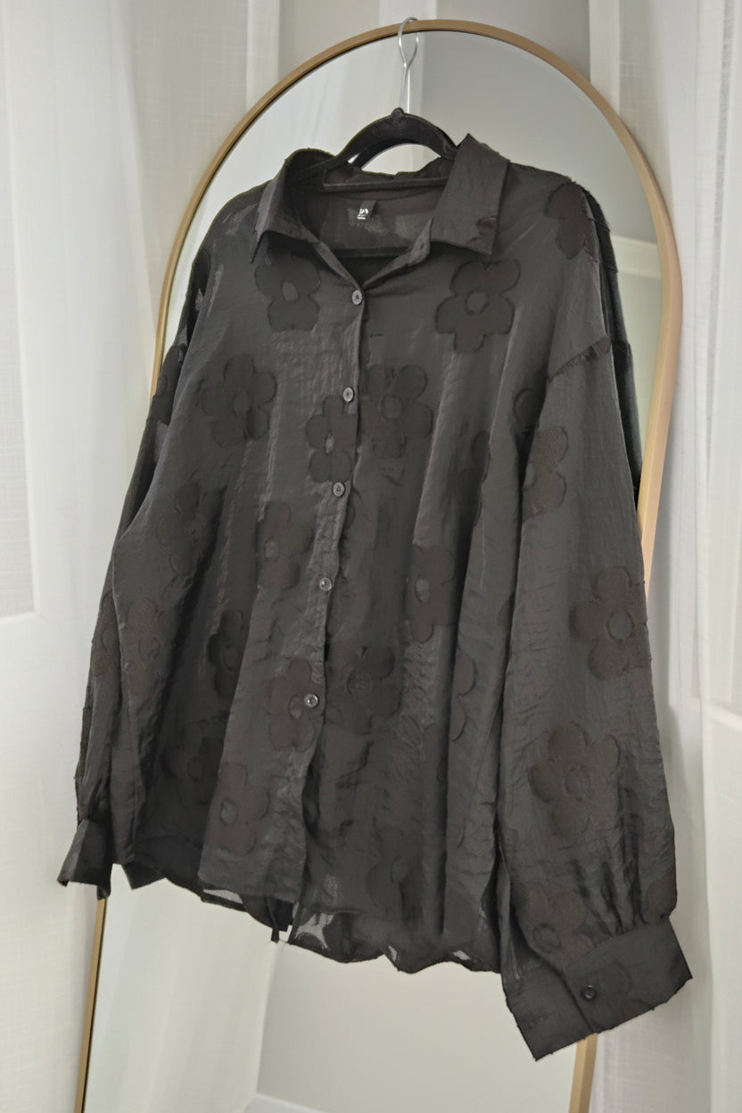 Sheer Floral Suri Button Up Shirt - Black