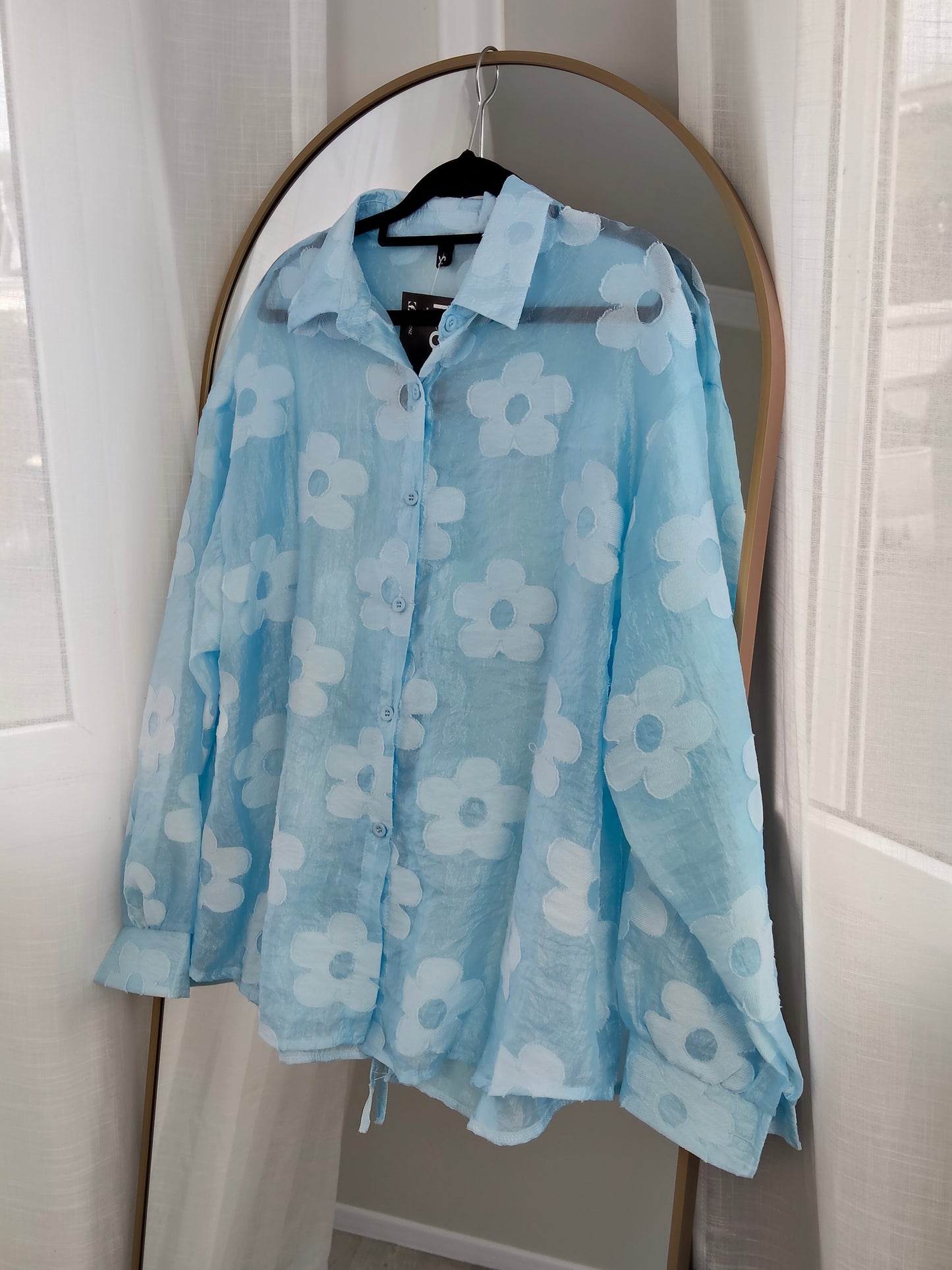Sheer Floral Suri Button Up Shirt - Blue