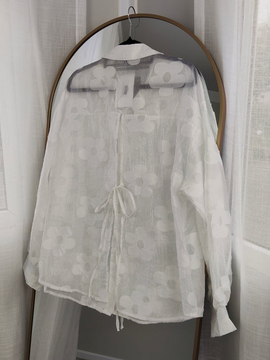 Sheer Floral Suri Button Up Shirt - White