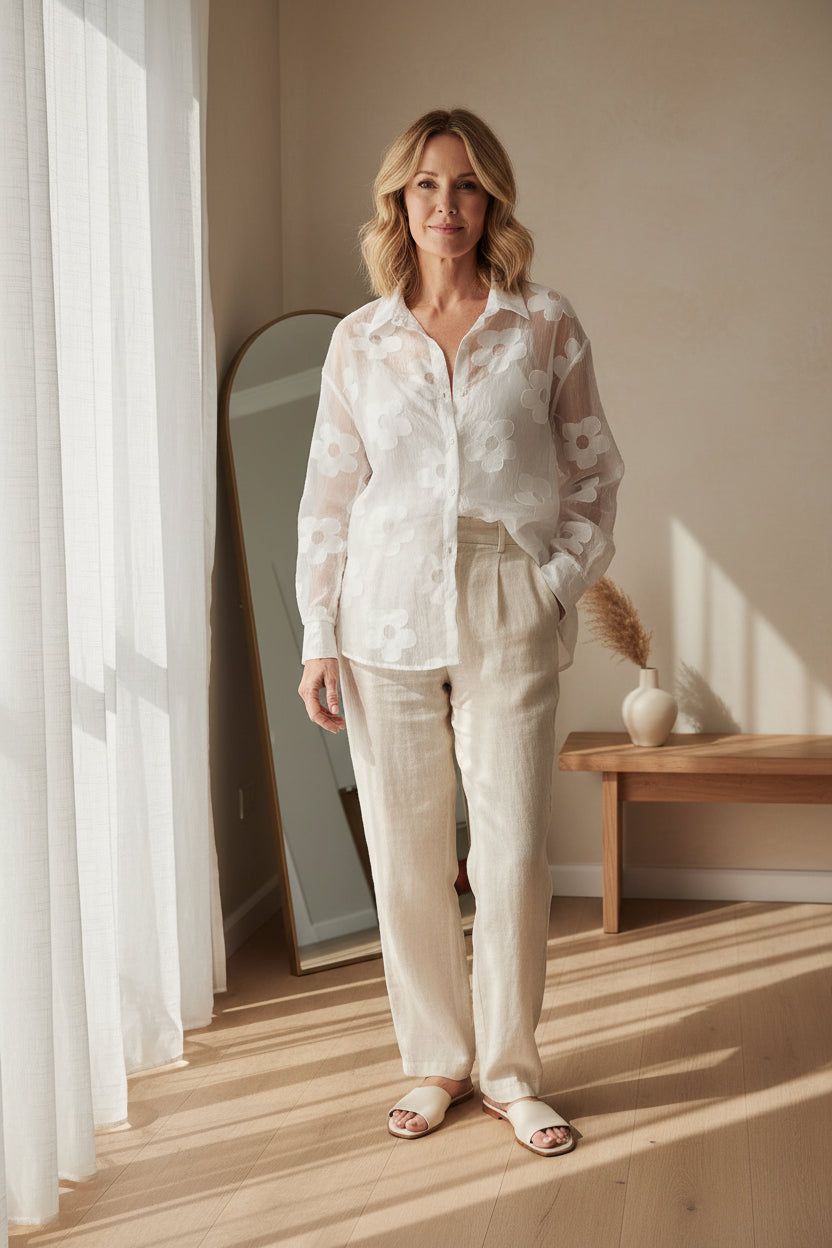 Sheer Floral Suri Button Up Shirt - White